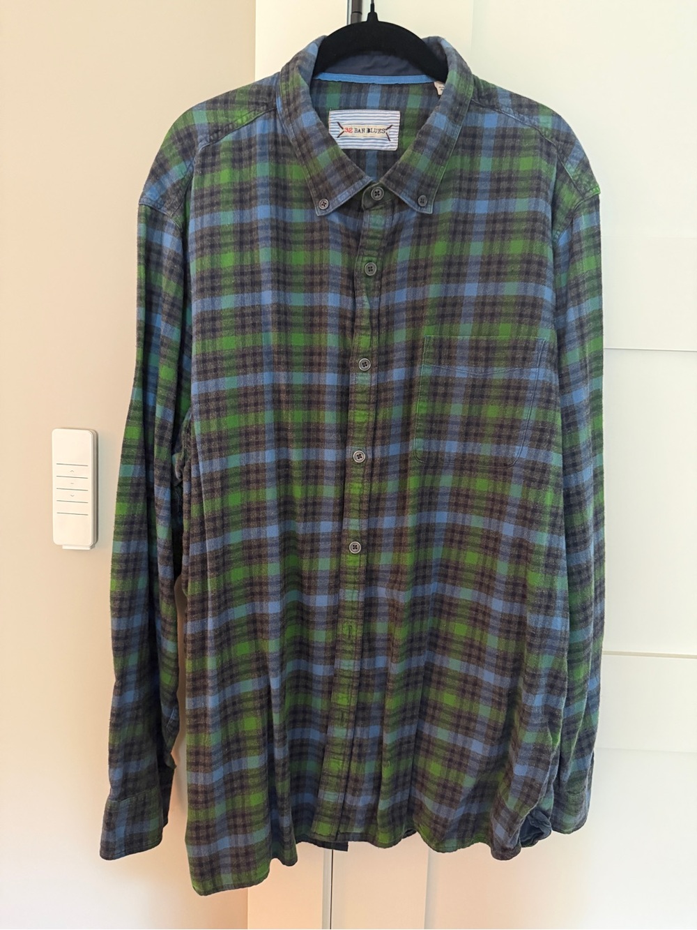 32 Bar Blues Men’s XXL Green Blue Plaid 100% Cotton Flannel Shirt